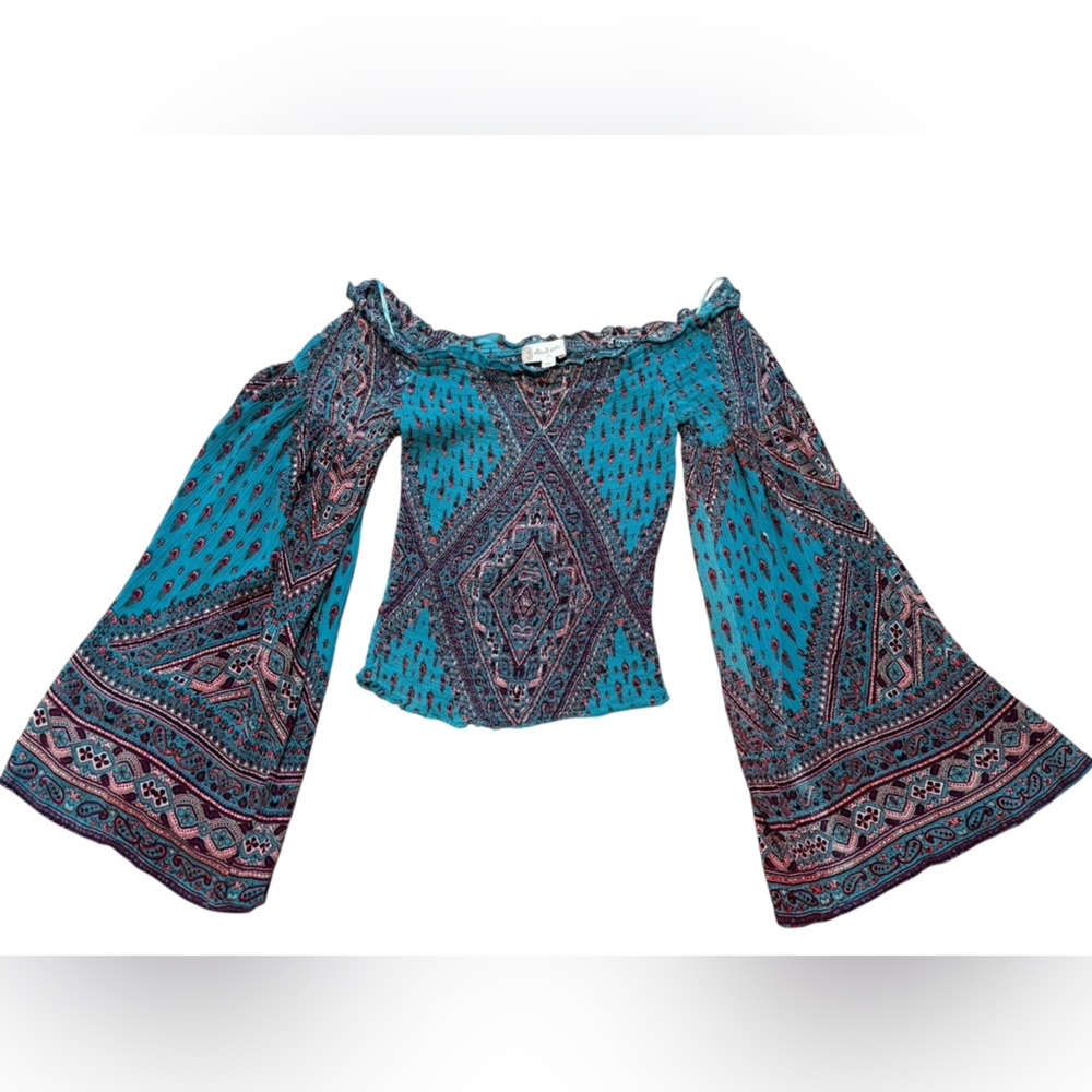 Altar'd State Teal and Red Patterned Off-Shoulder Top